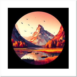 Low Poly Autumn Mountain and Lake Posters and Art